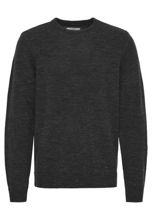 Maglione lavorato a maglia di un grigio scuro con scollatura rotonda, maniche lunghe e polsini e orlo a coste. Texture morbida con una vestibilità leggermente ampia.