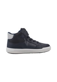 Zapatillas deportivas altas de color navy, hechas de material sintético, con una correa de velcro, parte frontal con cordones, suela blanca y detalles texturizados en los laterales.
