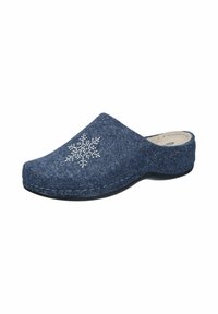 Blue felt clogs with a rounded toe, featuring a snowflake design made of small rhinestones and a stitched black sole.