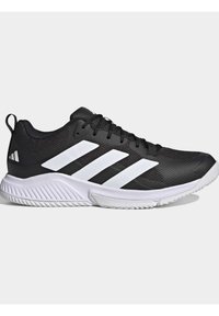 Black athletic shoe with a mesh upper, white three-stripe design, and textured black accents. Features a cushioned sole and lacing system.