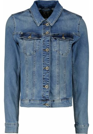 Lichtblauwe denim jack met een klassieke kraag, knoopsluiting aan de voorkant, twee borstzakken en lange mouwen. Bevat vervaagde details en stikselaccenten.