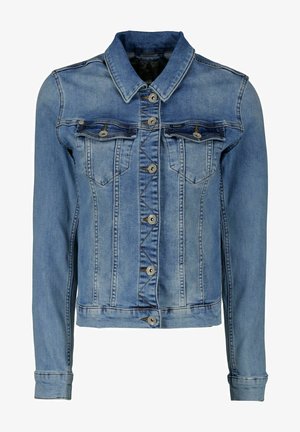 Veste en jean bleu clair avec un col classique, une fermeture à boutons, deux poches poitrine et des manches longues. Présente des détails usés et des accents de couture.
