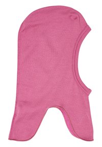 Rosa tygbalaklava med rundad topp och öppningar för ansikte och nacke. Slät textur, maskinsydda kanter och sömlös design.