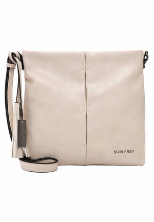 Sac bandoulière en cuir beige avec sangle bordée de noir, pompons décoratifs et logo SURI FREY dans le coin inférieur droit à l'avant.