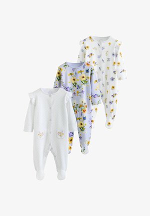 Három hosszú ujjú, lábfejes baba pizsama elöl patentokkal; fehér kis virágokkal és zsebekkel, levendula sárga virágokkal, valamint fehér szórt virágmintákkal.