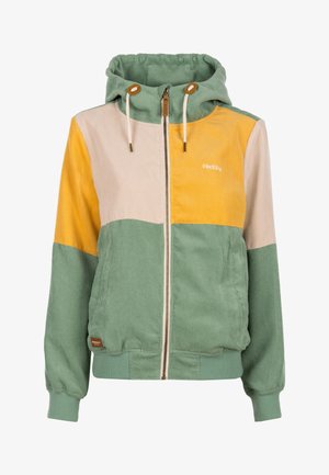 Corduroy zip-up jacket with hood, featuring green, yellow, and beige color blocks and front pockets.