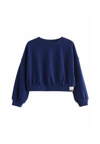 Sweatshirt court bleu marine à manches longues, ourlet et encolure côtelés, taille froncée et petite étiquette sur le côté inférieur.