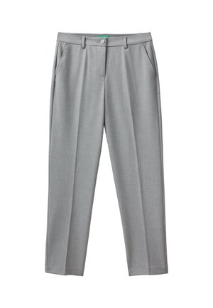 Light gray tailored trousers with side pockets, belt loops, a button closure, and a front crease down each leg.
