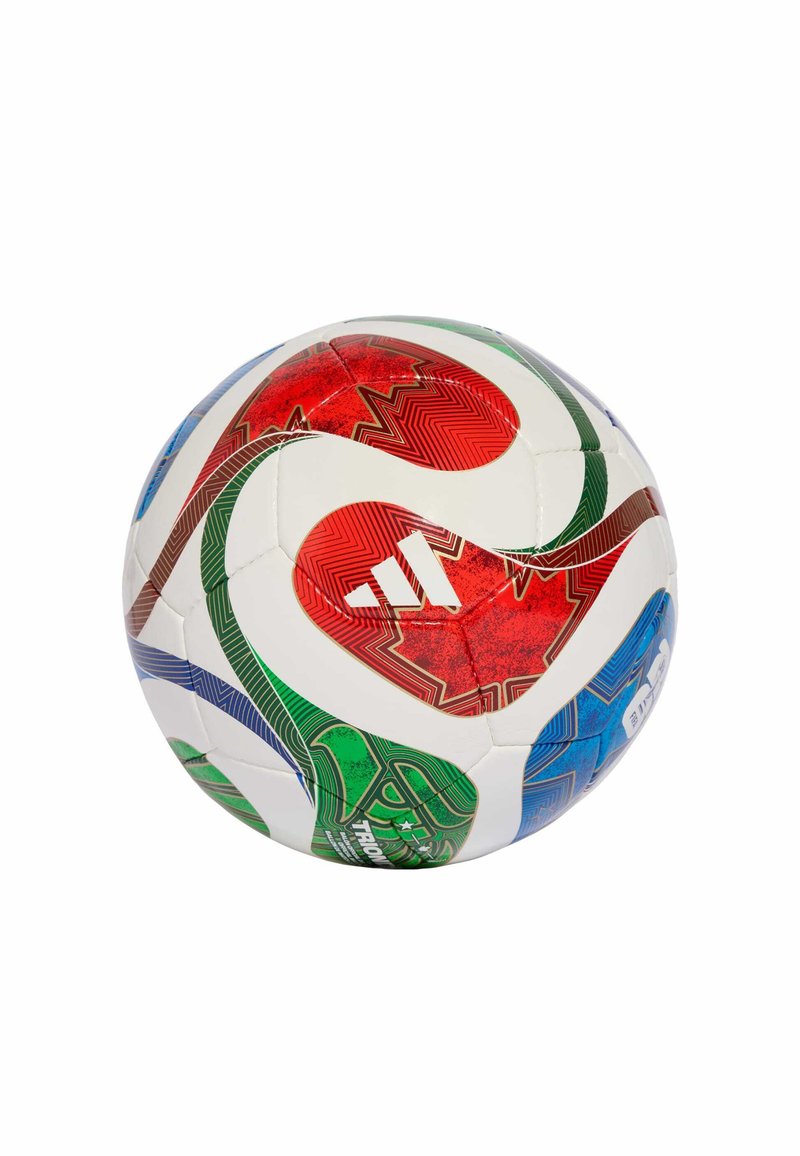 Bijela nogometna lopta s apstraktnim uzorcima u crvenoj, zelenoj i plavoj boji, koja sadrži crveni javorov list i Adidas logo.
