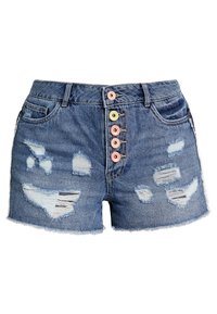 Shorts in denim con dettagli strappati, orlo sfrangiato e cinque bottoni pastello. Il colore è blu medio con diverse sfumature di scolorimento.