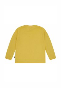 Maglietta in cotone gialla a maniche lunghe con scollatura rotonda e taglio dritto. Presenta cuciture semplici e una piccola etichetta laterale.
