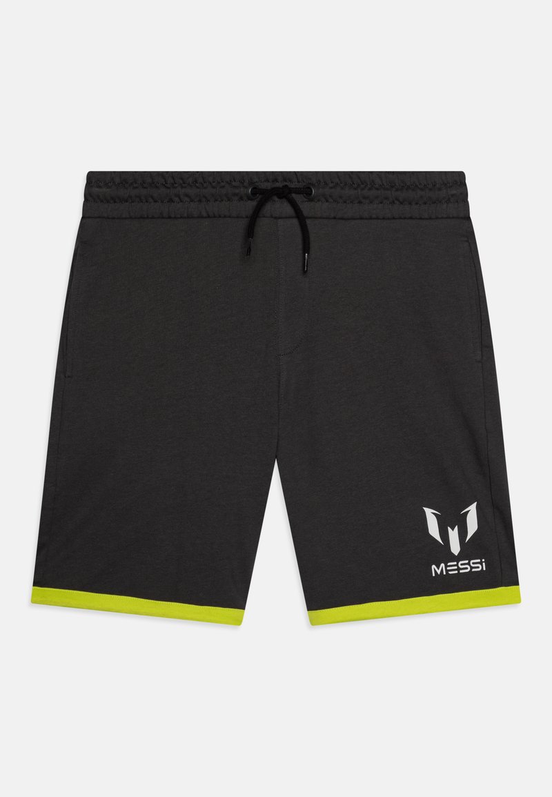 Schwarze Sportshorts mit elastischem Bund und Kordelzug. Besondere Merkmale sind leuchtend grüne Akzente am Saum und ein weißes Logo an der unteren rechten Seite.