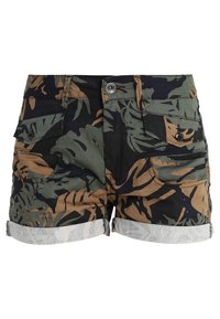 Pantalones cortos de camuflaje en verde, marrón y negro, con un patrón de hojas, dobladillos enrollados, bolsillos frontales y cierre de botón metálico.