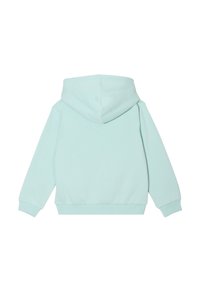Sweatshirt à capuche bleu clair avec une texture douce, une poche kangourou et des poignets et un ourlet côtelés. Présente une coupe décontractée et des détails minimaux.