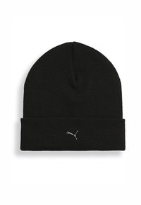 Black knit beanie with a folded cuff. Features a small silver Puma logo on the front. Soft texture and standard round shape.
