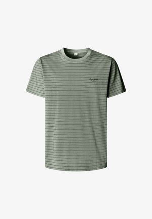 Zielona koszulka w paski wykonana z miękkiego materiału. Posiada okrągły dekolt i małe logo na piersi. Krótkie rękawy o luźnym kroju.