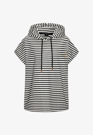 Schwarz-weißer gestreifter Hoodie mit kurzen Ärmeln und Kordelzug, versehen mit einem goldenen "SUNSET"-Logo auf der linken Seite. Weicher Stoff.