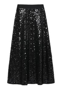 Gonna maxi nera in paillettes con una cintura liscia, caratterizzata da una silhouette ampia e una texture scintillante grazie alle paillettes densamente distribuite.
