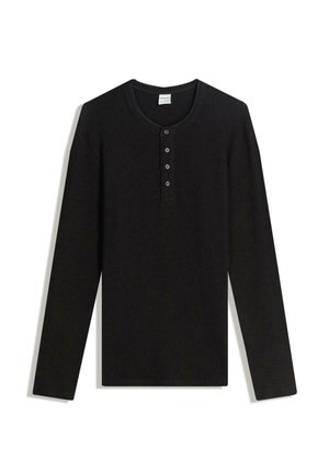 Zwarte langermige henley shirt van ribbelstof, met een ronde halslijn en vijf knopen aan de voorkant voor sluiting.