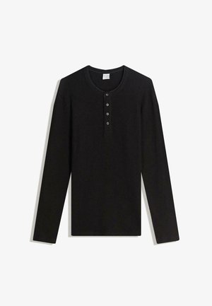 Zwarte langermige henley shirt van ribbelstof, met een ronde halslijn en vijf knopen aan de voorkant voor sluiting.