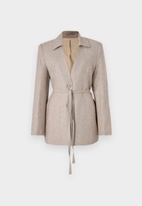 Beige Blazer aus strukturiertem Stoff mit Kragen, langen Ärmeln und einem verstellbaren Gürtel in der Taille, ausgestattet mit zwei vorderen Knöpfen.