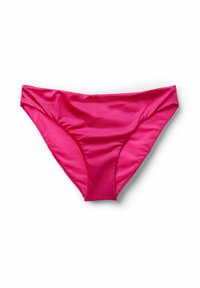 Růžové spodní díly bikiny vyrobené z hladkého, lesklého materiálu. Mají středně vysoký střih s měkkým pasem a minimálním bočním pokrytím.