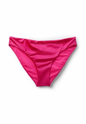 Růžové spodní díly bikiny vyrobené z hladkého, lesklého materiálu. Mají středně vysoký střih s měkkým pasem a minimálním bočním pokrytím.