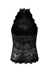 Black lace sleeveless top with floral pattern, high neckline featuring two small buttons, and scalloped hem detailing.