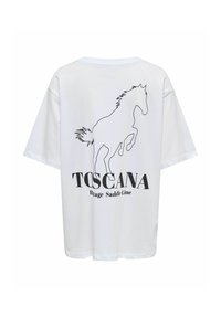 T-shirt blanc à manches courtes avec un dessin au trait noir d'un cheval cabré et les textes "TOSCANA" et "Hitage Saddle Line" au dos.