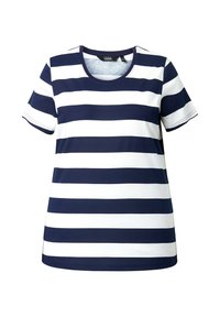 Damen-T-Shirt mit kurzem Arm, Rundhalsausschnitt, marineblau-weiß horizontal gestreift.