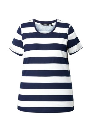 Damen-T-Shirt mit kurzem Arm, Rundhalsausschnitt, marineblau-weiß horizontal gestreift.
