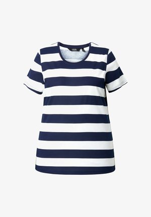 Granatowo-biała damska koszulka z krótkim rękawem w poziome paski, z okrągłym dekoltem.