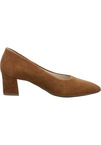 Zapato de tacón marrón con un patrón texturizado y puntera afilada. Cuenta con un tacón cuadrado modesto para mayor estabilidad. Forro interior suave.