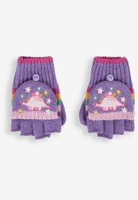 Gants sans doigts en tricot violet avec des accents roses, ornés d'un motif de dinosaure et de broderies de fleurs colorées. Comprend un bouton décoratif.