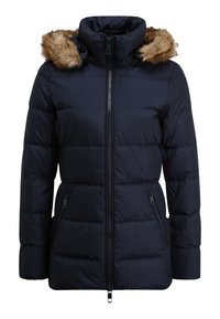 Giacca invernale trapuntata di un blu navy scuro con zip frontale, due tasche con zip e cappuccio rifinito con pelliccia sintetica marrone chiaro.
