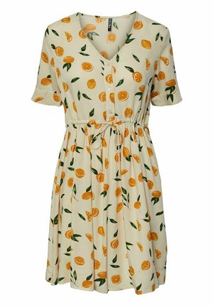 Cream short-sleeve dress with orange citrus fruit and green leaf print, V-neck, button front, and waist tie detail.