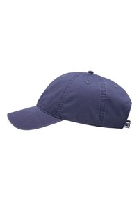 Navy blue cotton cap with a curved visor, six-panel design, and embroidered eyelets. Features a small brand tag on the side.