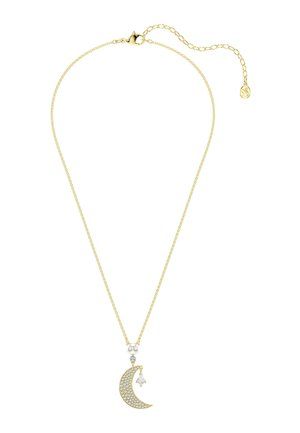Goldkette mit Halbmond-Anhänger, besetzt mit kleinen Edelsteinen, darüber eine Perle und ein kleiner, rautenförmiger Anhänger neben dem Mond.