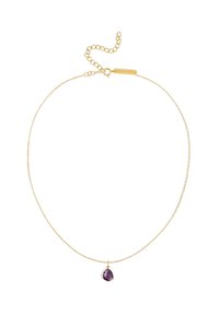 Collana in oro con pendente a forma di pera in pietra preziosa viola. La catena ha una texture delicata e un gancio regolabile.