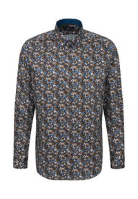 Langärmliges Hemd in Braun, mit einem blau-weißen Blumenmuster, Knopfleiste und einem kontrastierenden blauen Innenkragen. Glatte Stofftextur.