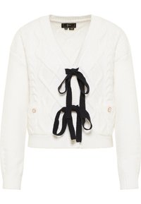 Weißer gestrickter Cardigan mit V-Ausschnitt, der ein Rautenmuster aus Zopfmuster aufweist und an der Vorderseite schwarze Stoffbänder hat. Enthält seitliche Taschen mit Knöpfen.