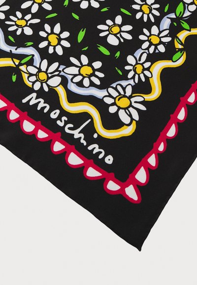 Black scarf featuring white daisies with yellow centers, green leaves, and multicolored borders. "Moschino" logo integrated into the design.