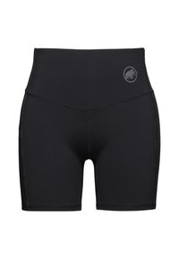 Shorts neri a vita alta realizzati in materiale elasticizzato, con una texture liscia e un piccolo logo nell'angolo in alto a sinistra.