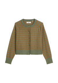 Groen en bruine gestreepte cardigan met een ronde halslijn, knoopsluiting en geribbelde manchetten en zoom. Gemaakt van zacht breimateriaal.