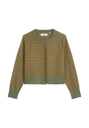 Groen en bruine gestreepte cardigan met een ronde halslijn, knoopsluiting en geribbelde manchetten en zoom. Gemaakt van zacht breimateriaal.