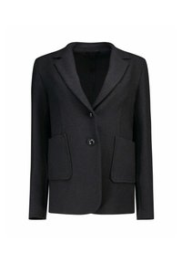 Blazer nero realizzato in tessuto testurizzato, con rever a punta, due tasche frontali e chiusura con un solo bottone.