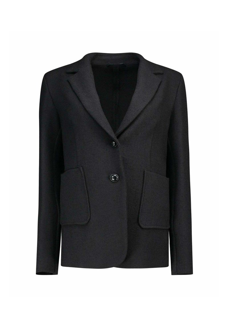 Blazer nero realizzato in tessuto testurizzato, con rever a punta, due tasche frontali e chiusura con un solo bottone.