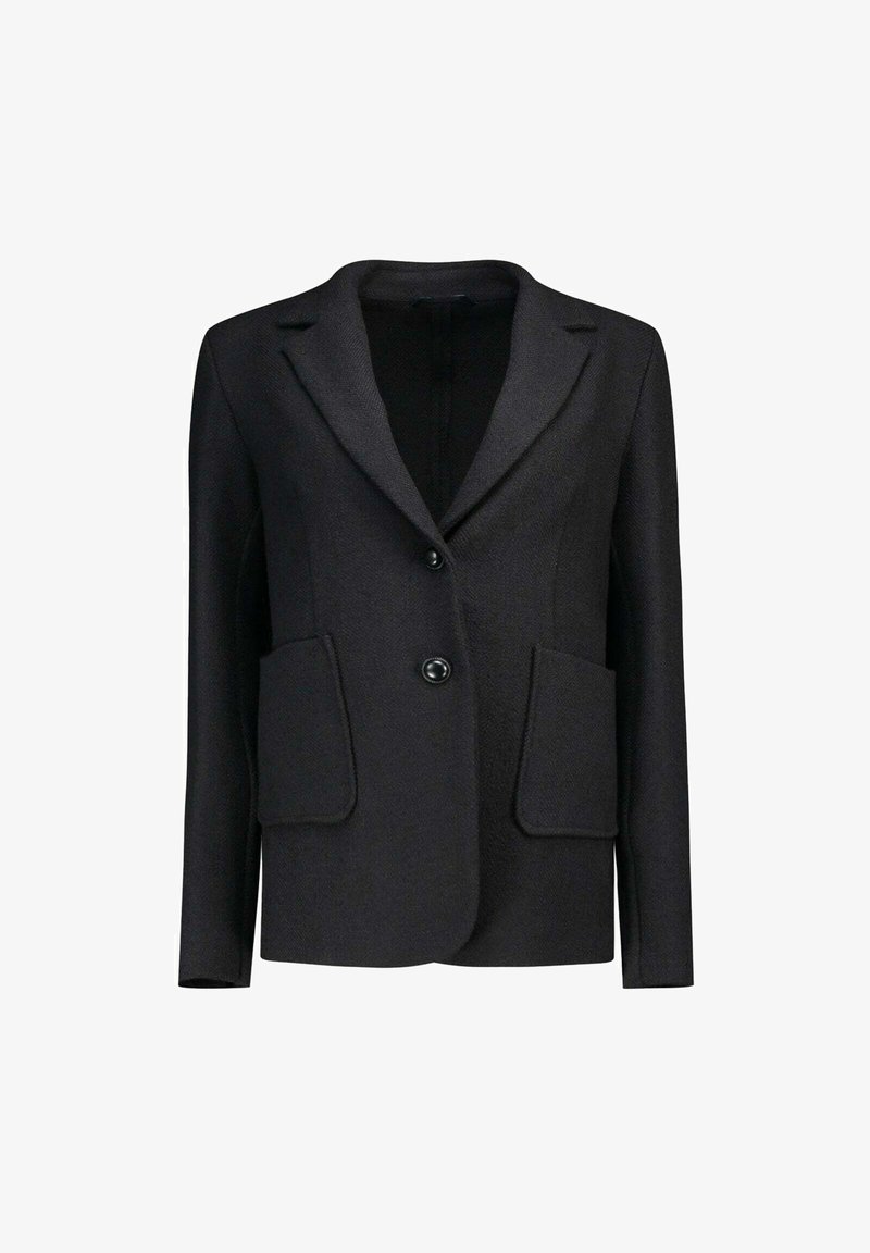 Blazer noir en tissu texturé, doté d'un col cranté, de deux poches avant et d'une fermeture à un bouton.
