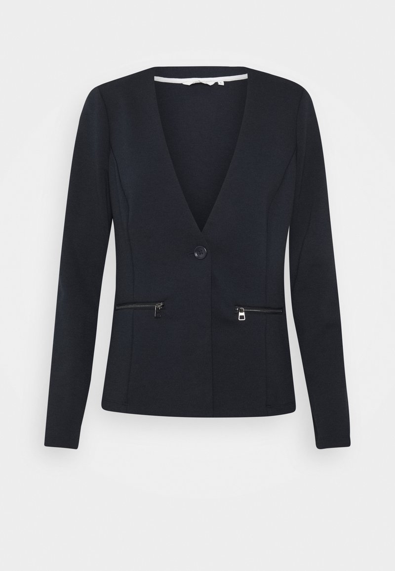 Blazer noir à manches longues avec col en V profond, un bouton devant et deux poches zippées sur fond blanc uni.