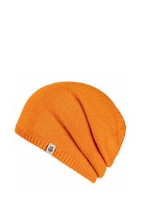 Orange knit beanie with a slouchy design, featuring a ribbed cuff and a small label detail at the side. Made from soft fabric.